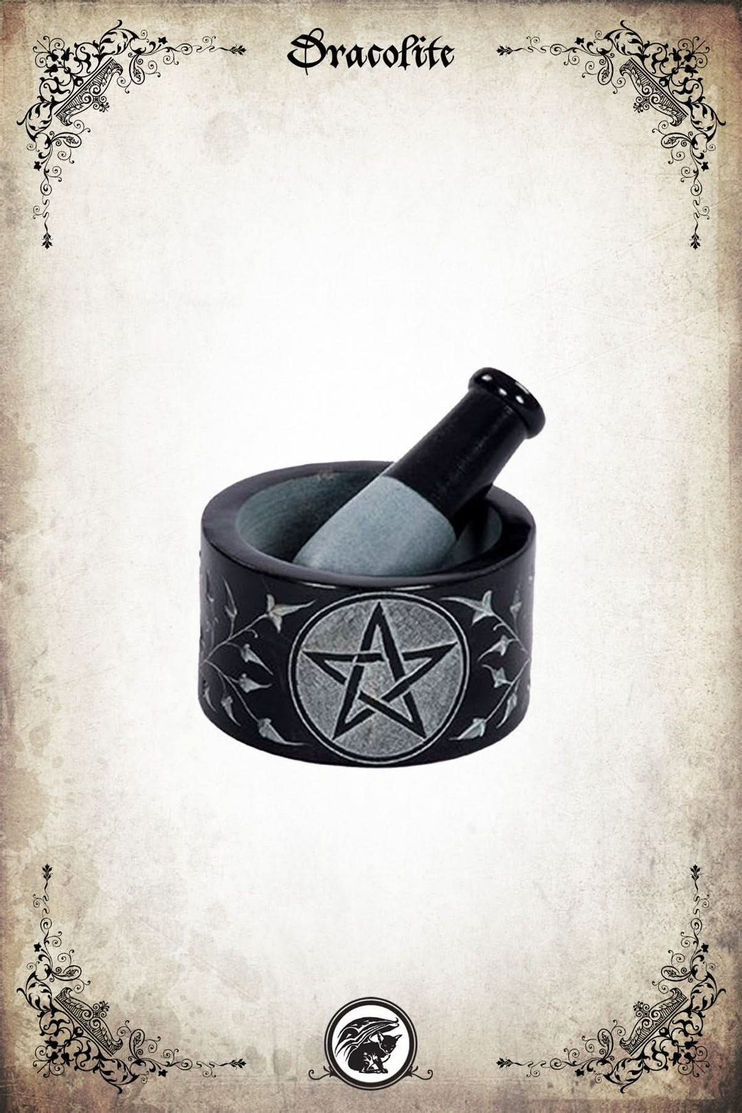 Black soapstone mortar and pestle with carved pentacle