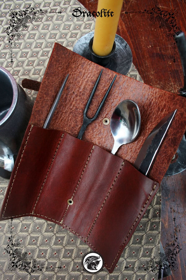 Medieval utensils (4) in antique stainless steel with cases