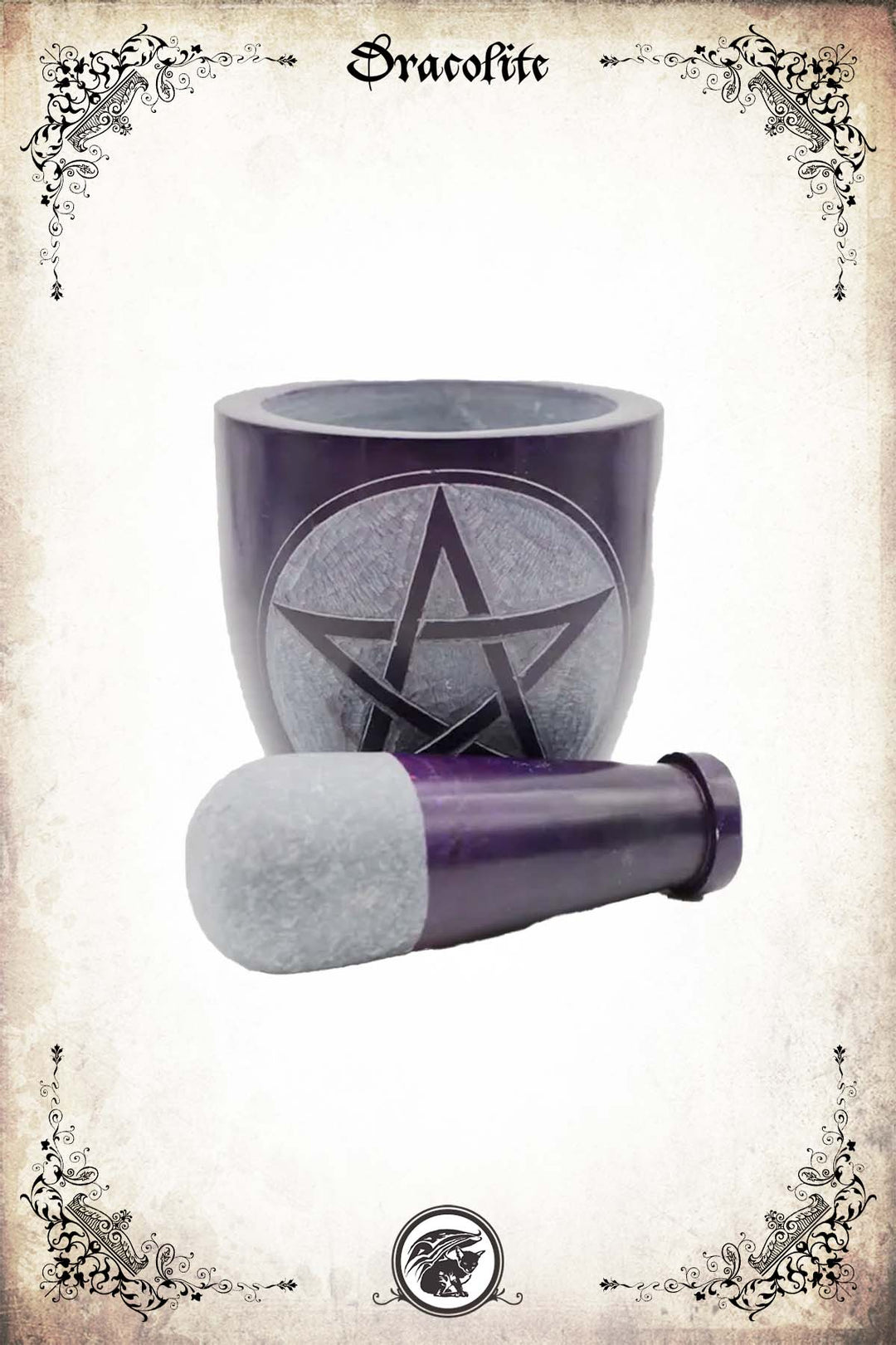 Mortier et pilon en pierre à savon – Pentacle violet