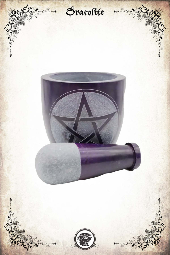 Mortier et pilon en pierre à savon – Pentacle violet
