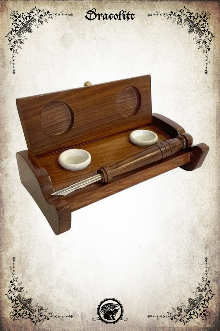 Encrier de scribe en bois – coffret avec plume & encriers